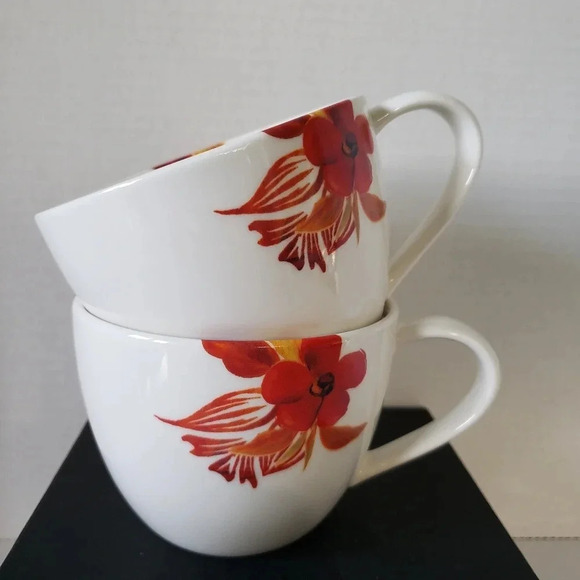 Starbucks 2008 set  of 2 White/Orange/Red Poppy Flower Ceramic Coffee Mugs. - Picture 8 of 9